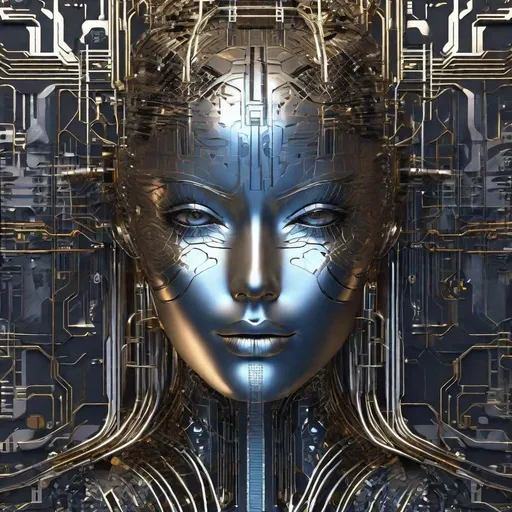Prompt: liquid metal anime AI worldmind, beautiful face, technological implants, advanced technology, grid, wires, circuits
