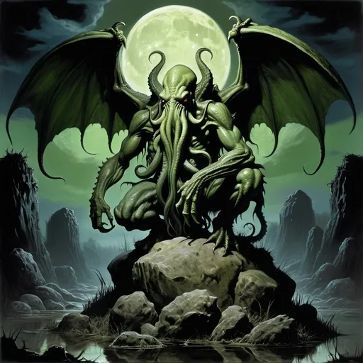 Prompt: portrait, winged Cthulhu standing on a boulder at night in a swamp, simon bisley style