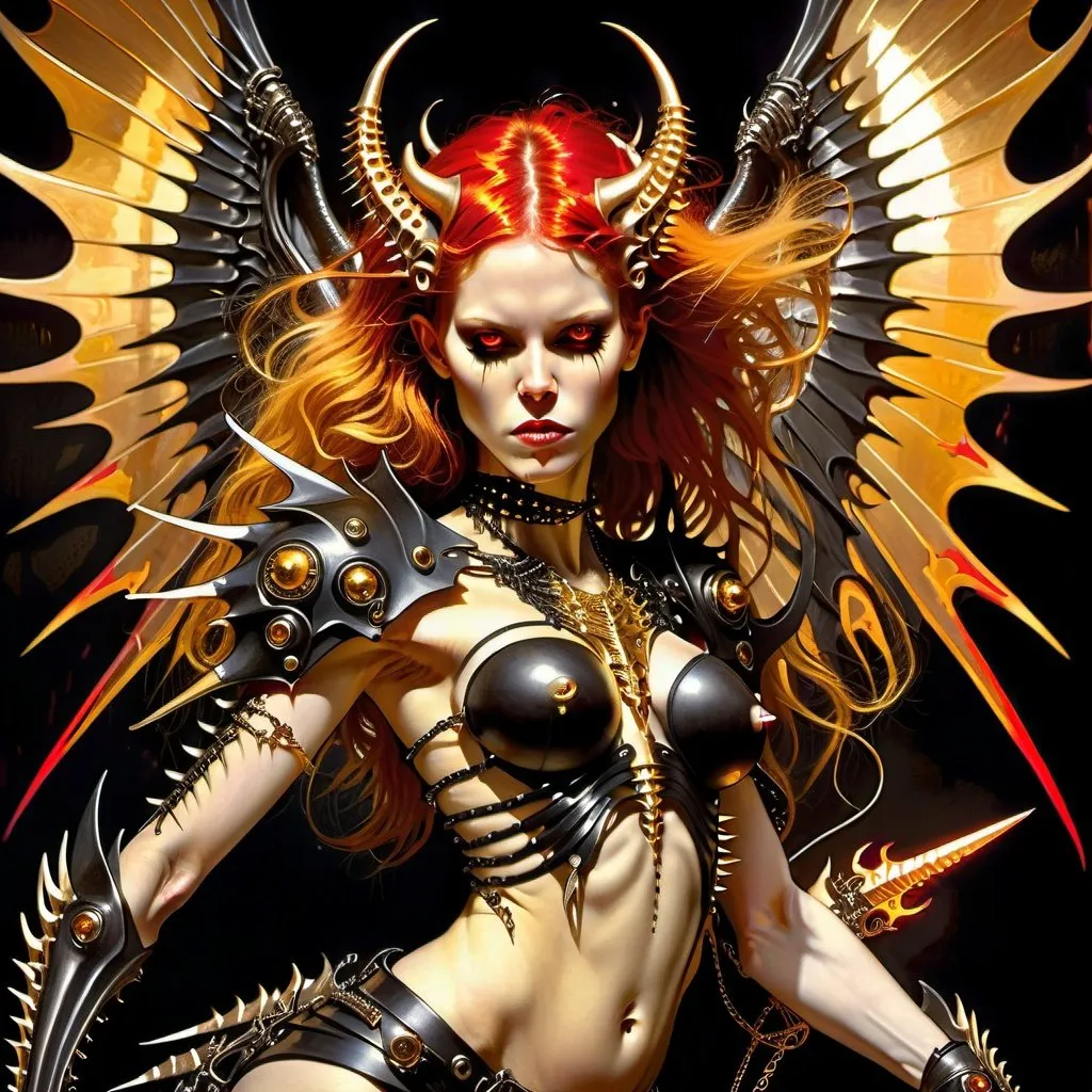 Prompt: HR Giger style, female, redhead, pale skinned demon wearing spiked black and gold metal armor swinging a large spiked weapon black bone wings, piercings, golden jewelry, tattoos, red glowing eyes, golden highlights, background on fire, demon wings, dramatic shadows, dramatic dark lighting