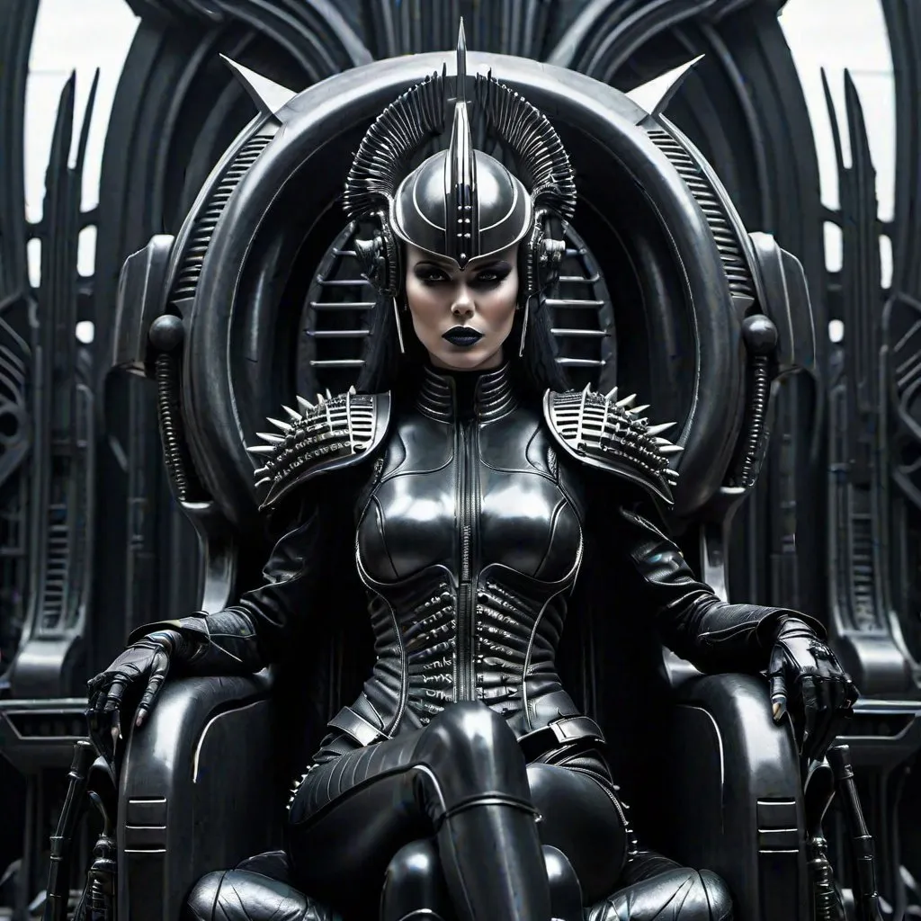 Prompt: photo realistic, cybernetic woman wearing flight visor and dark spiked armor in HR Giger style, deathmetal  makeup, sitting on a throne, full body, bald, in front of futuristic city, dark shadows, zoomed out