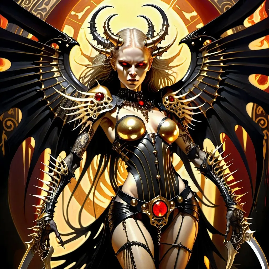 Prompt: HR Giger style, female, pale skinned demon wearing spiked black and gold metal armor swinging a large spiked weapon black bone wings, piercings, golden jewelry, tattoos, red glowing eyes, golden highlights, background on fire, demon wings, dramatic shadows, dramatic dark lighting