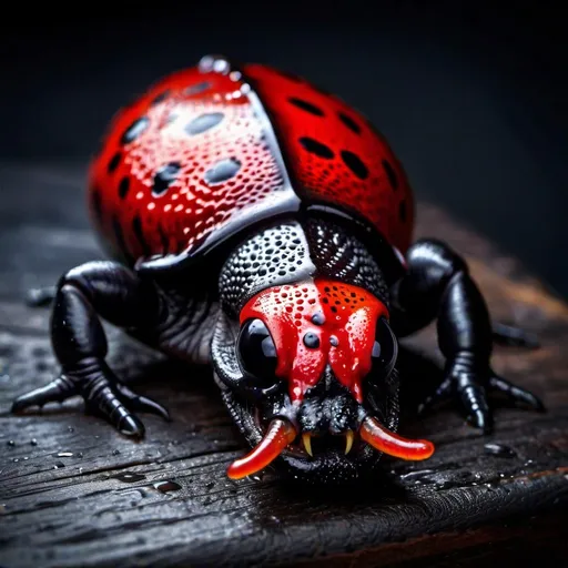 Prompt: wet black colored slug with a black skull and large mandibles, spotted red skin spots, on a tavern table, dark background, dramatic shadows