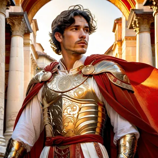 Prompt: dark hair, freckles, stubble facial hair, male, etched golden metal armor, white and red embroidered robes, sunrise, in front of roman architecture, dramatic lighting