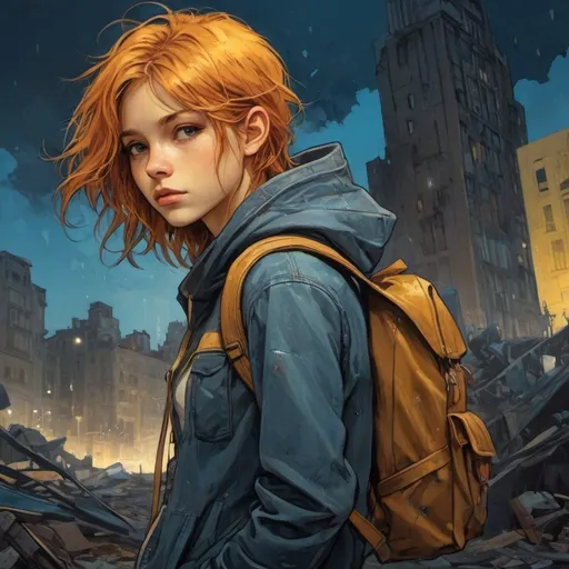 Prompt: line art, blue and yellow, redhead, dirty skinny scavenger child wearing a leather hoodie, torn clothing, in front of a modern destroyed city, sad, wet hair, backpack, dark lighting