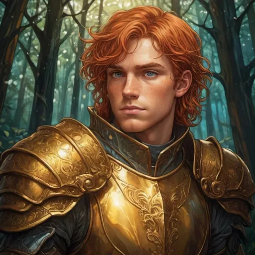 Prompt: lineart, light red hair, aqua eyes, golden highlights, freckled male wearing golden armor in front of dark forest, wet hair, backlit, high contrast