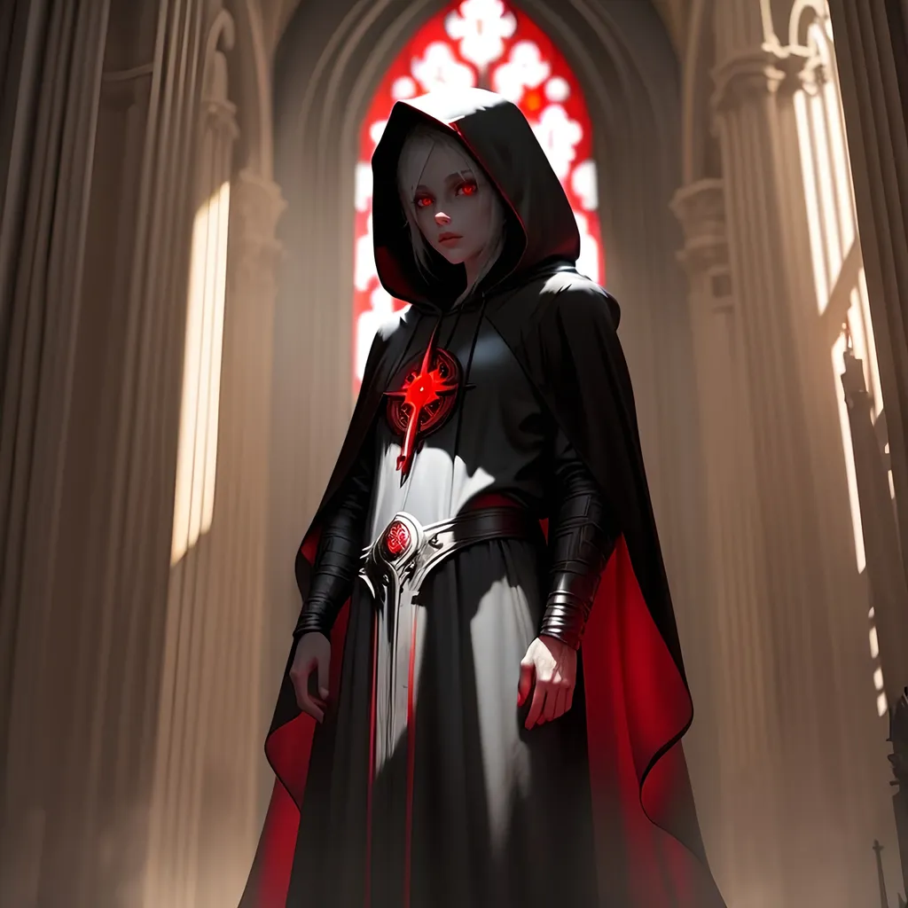 Prompt: golden backlit, figure with white eyes wearing hooded red black and white robes standing inside of a dark cathedral