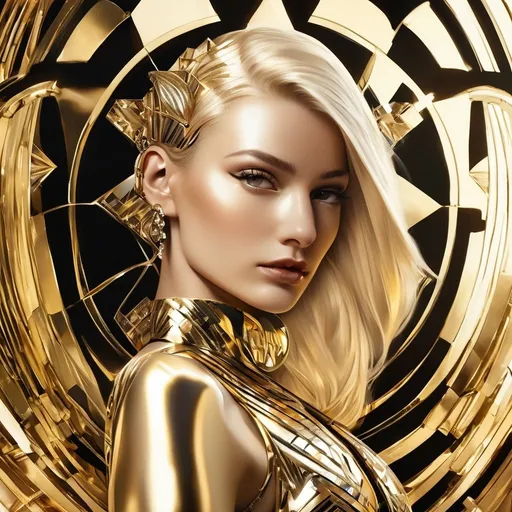 Prompt: portrait, close up, light hair, female with cyber implants standing in an art deco penthouse, black and gold, jeweled, high contrast
