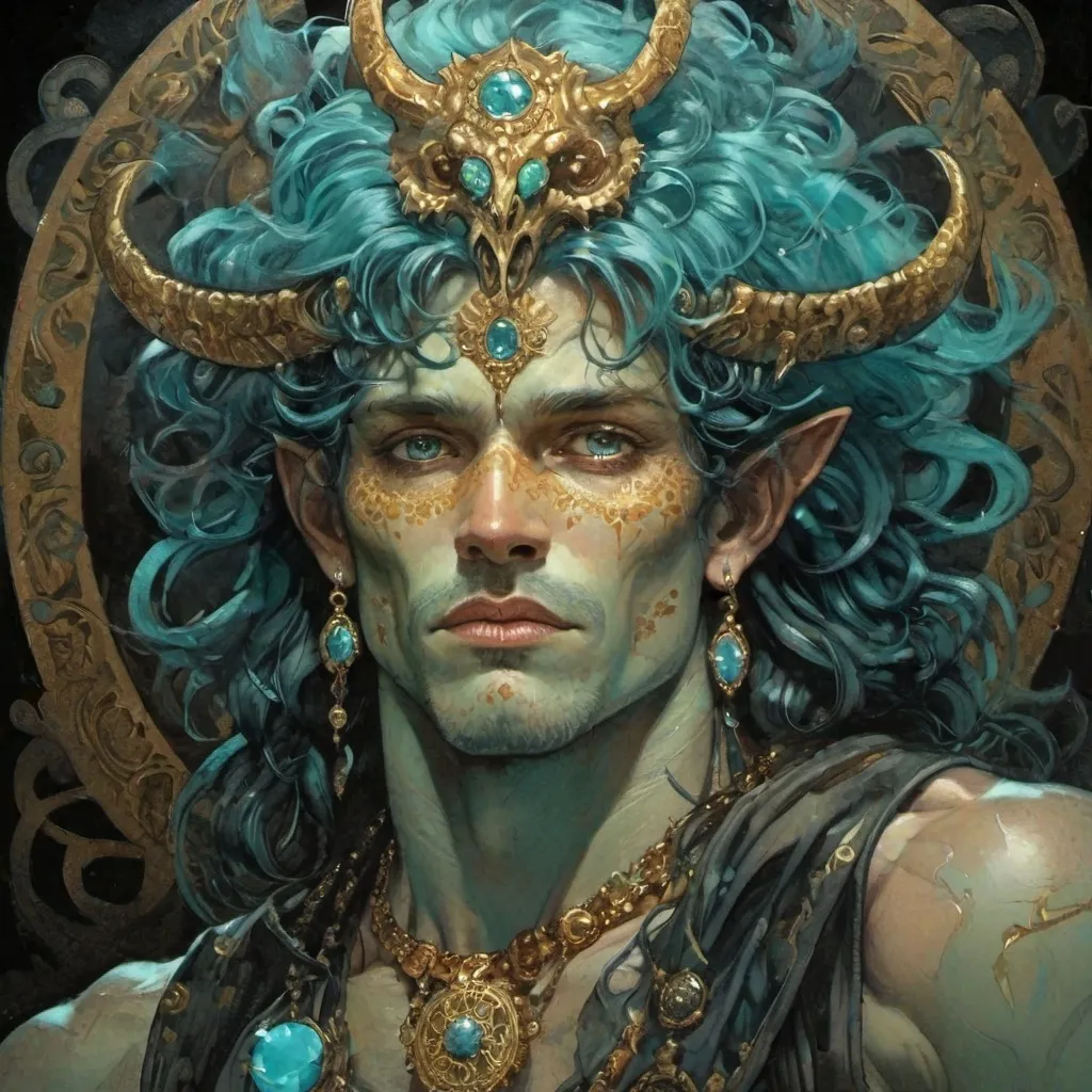 Prompt: Cyan and gold, Jeweled, male Demon, with freckles, in Simon Bisley style, dark lighting, at night