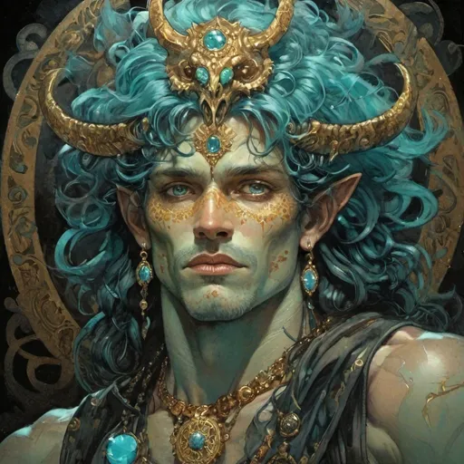 Prompt: Cyan and gold, Jeweled, male Demon, with freckles, in Simon Bisley style, dark lighting, at night