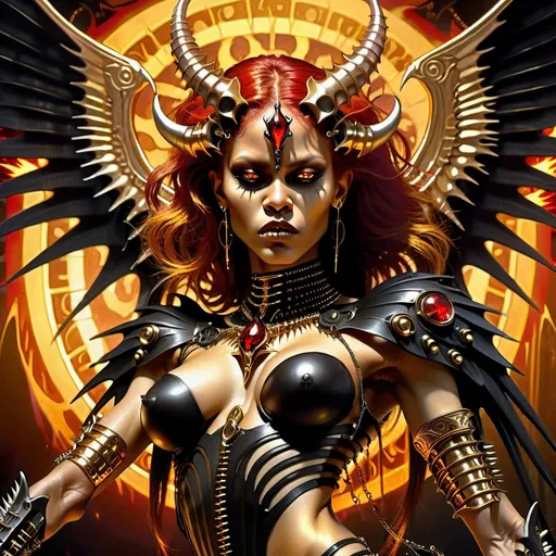 Prompt: HR Giger style, female, redhead,  dark skinned demon wearing spiked black and gold metal armor swinging a large spiked weapon black bone wings, piercings, golden jewelry, tattoos, red glowing eyes, golden highlights, background on fire, demon wings, dramatic shadows, dramatic dark lighting