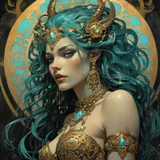 Prompt: Cyan and gold, Jeweled, Female Demon, with freckles, in Simon Bisley style, dark lighting, at night