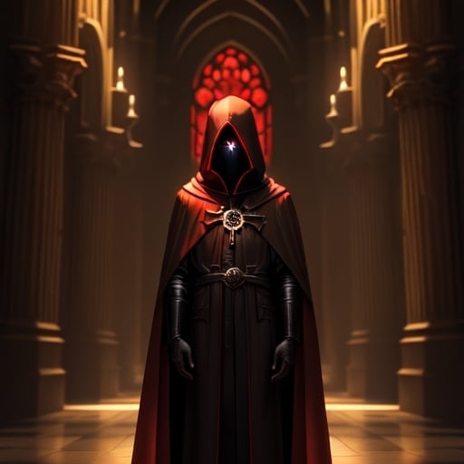 Prompt: golden backlit, figure with glowing eyes wearing hooded red and black robes standing inside of a dark cathedral