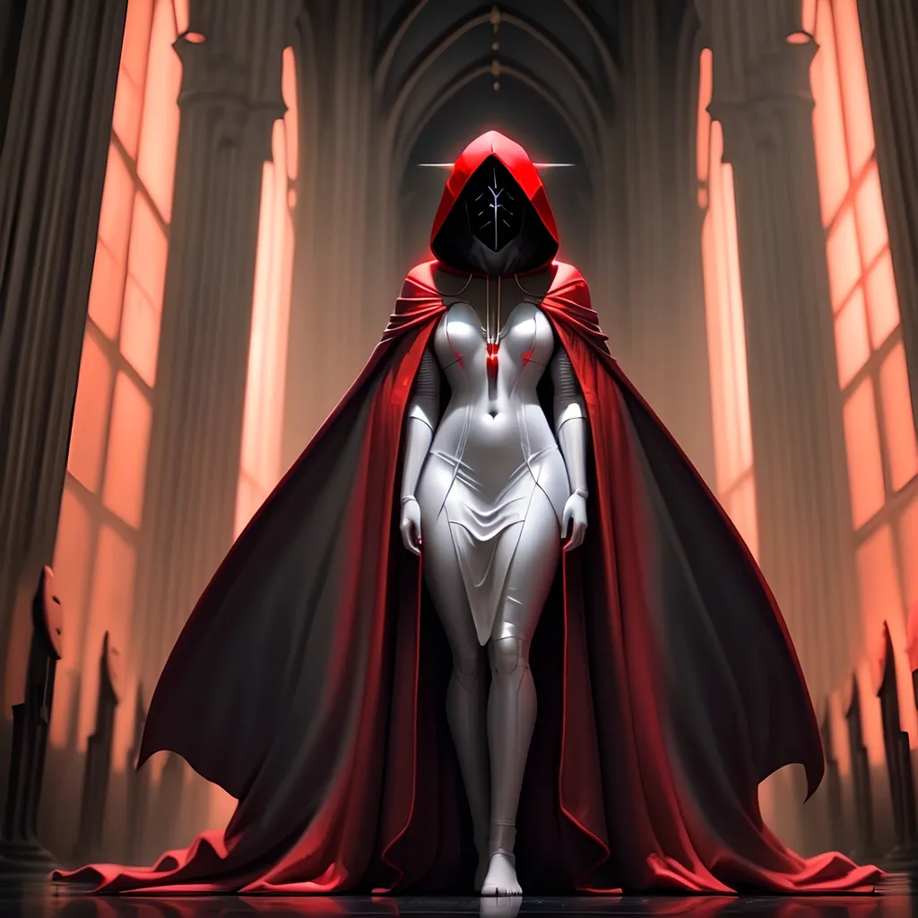 Prompt: golden backlit, figure wearing hooded red black and white robes standing inside of a dark cathedral