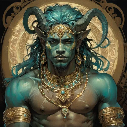 Prompt: African, Cyan and gold, Jeweled, male Demon, with freckles, in Simon Bisley style, dark lighting, at night