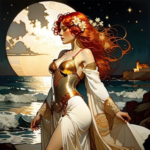 Prompt: full body, redhead, freckles, female, backlit, scarlet highlights, etched golden metal armor, white embroidered robes, night time, in front of the ocean, dramatic lighting