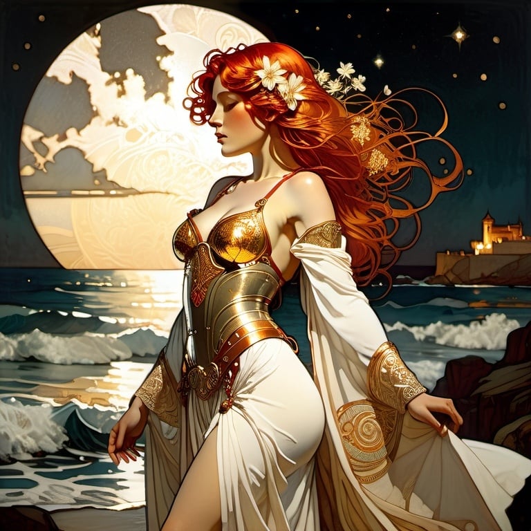 Prompt: full body, redhead, freckles, female, backlit, scarlet highlights, etched golden metal armor, white embroidered robes, night time, in front of the ocean, dramatic lighting