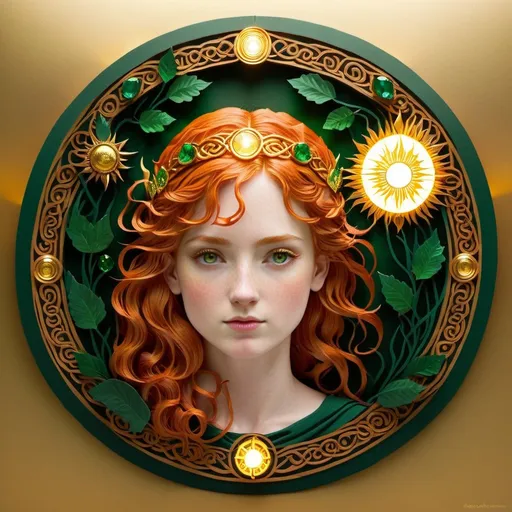 Prompt: pine green colored, golden skin, redheaded, Aine goddess, golden circlet with emeralds, sun, animals, agriculture, Celtic style, glowing yellow eyes, gold, dramatic golden lighting