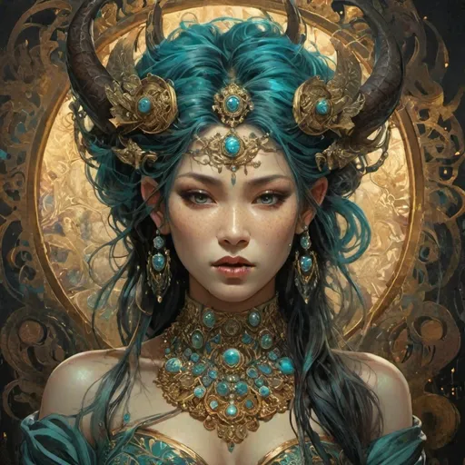 Prompt: Asian, Cyan and gold, Jeweled, female Demon, with freckles, in Simon Bisley style, dark lighting, at night