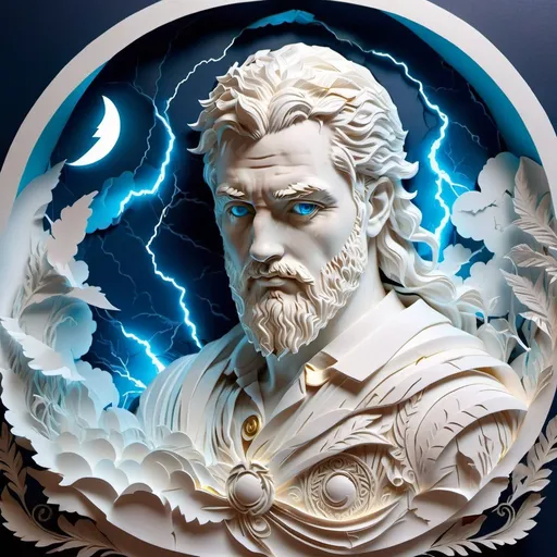 Prompt: white colored, Zeus, Roman style, glowing blue eyes, clouds lightning thunderbolts background, dramatic cyan lighting