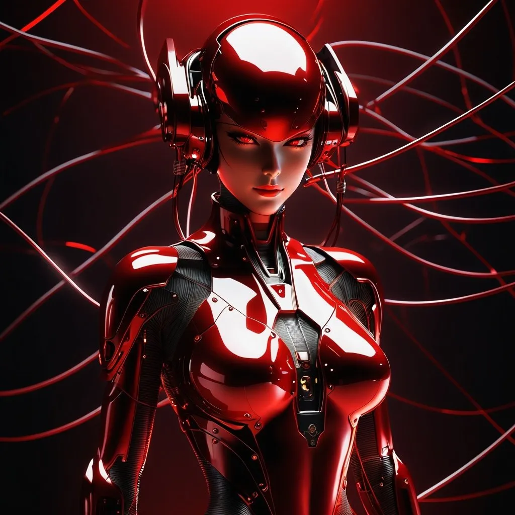 Prompt: dark background, red backlit, liquid metal anime AI worldmind, full body, female,  technological implants, advanced technology, grid, wires, circuits, red shadows