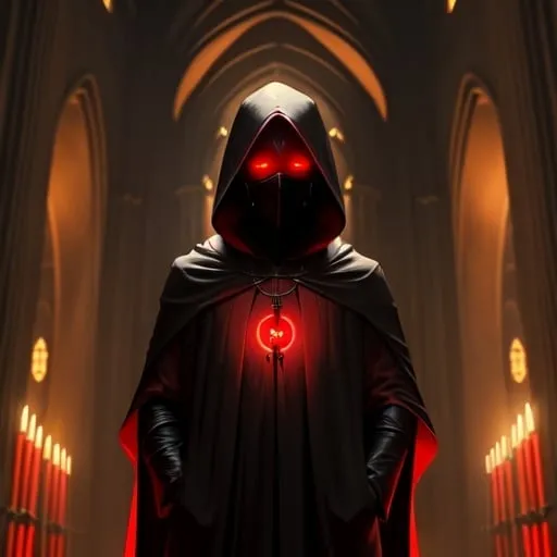 Prompt: golden backlit, figure with glowing eyes wearing hooded red and black robes standing inside of a dark cathedral
