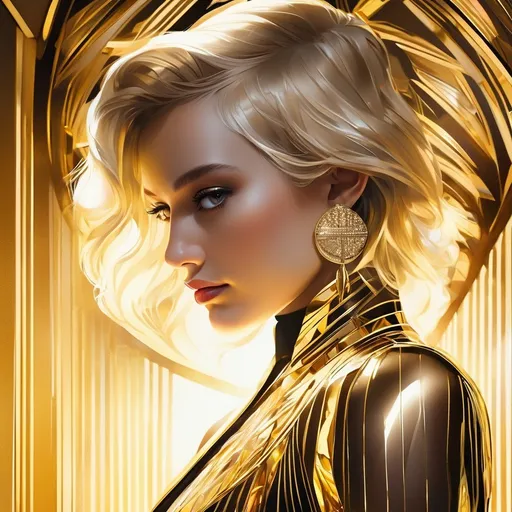 Prompt: portrait, close up, light hair, futuristic female standing in an art deco penthouse, black and gold, jeweled, high contrast, dramatic shadows, dramatic lighting