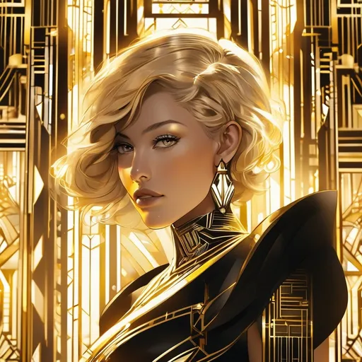 Prompt: portrait, close up, light hair, female with cyber implants standing in an art deco penthouse, black and gold, jeweled, high contrast