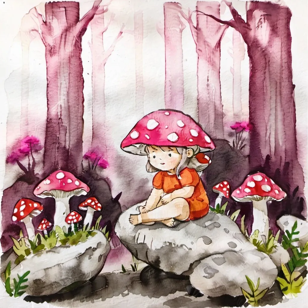 Prompt: child wearing a mushroom hat sitting on a rock, giant mushrooms in background, dramatic lighting