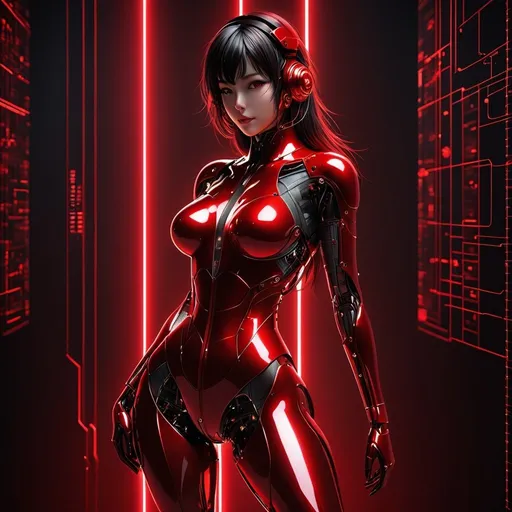 Prompt: dark background, red backlit, liquid metal anime AI worldmind, full body, female,  technological implants, advanced technology, grid, wires, circuits, red shadows