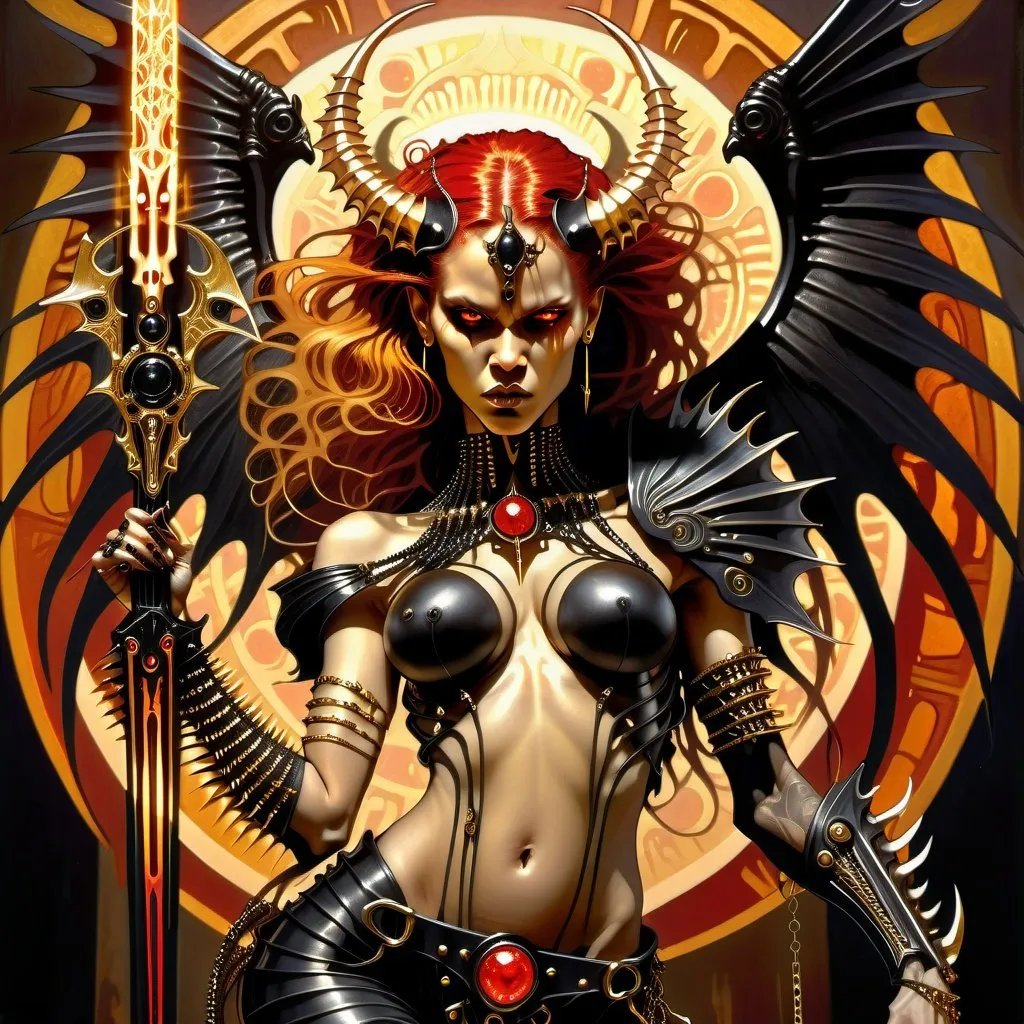 Prompt: HR Giger style, female, redhead, dark skinned demon wearing spiked black and gold metal armor swinging a large spiked weapon black bone wings, piercings, golden jewelry, tattoos, red glowing eyes, golden highlights, background on fire, demon wings, dramatic shadows, dramatic dark lighting