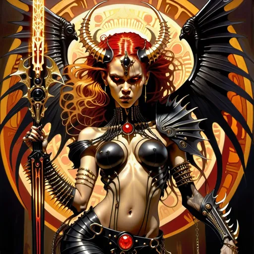 Prompt: HR Giger style, female, redhead, dark skinned demon wearing spiked black and gold metal armor swinging a large spiked weapon black bone wings, piercings, golden jewelry, tattoos, red glowing eyes, golden highlights, background on fire, demon wings, dramatic shadows, dramatic dark lighting