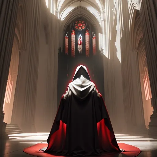 Prompt: golden backlit, figure wearing hooded red black and white robes standing inside of a dark cathedral