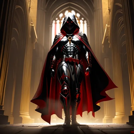 Prompt: gold colored backlighting, figure with glowing eyes wearing hooded red black and white robes standing inside of a dark cathedral, simon bisley style