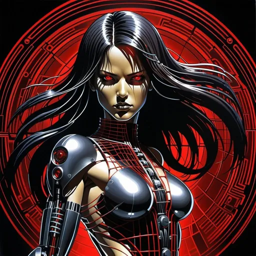 Prompt: art deco background, dark colored long hair, liquid metal anime AI worldmind, portrait, female,  technological implants, advanced technology, grid, wires, circuits, red shadows, high contrast, dramatic lighting, aggressive pose in simon bisley style