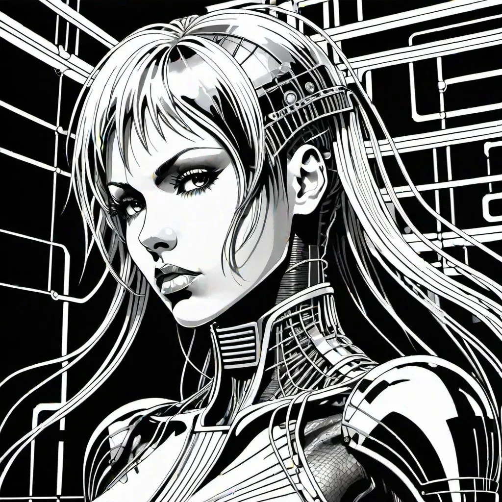 Prompt: black and white lineart, art deco background, wet light colored long hair, liquid metal anime AI worldmind, portrait, female,  technological implants, advanced technology, grid, wires, circuits, high contrast, dramatic lighting, aggressive pose in simon bisley style