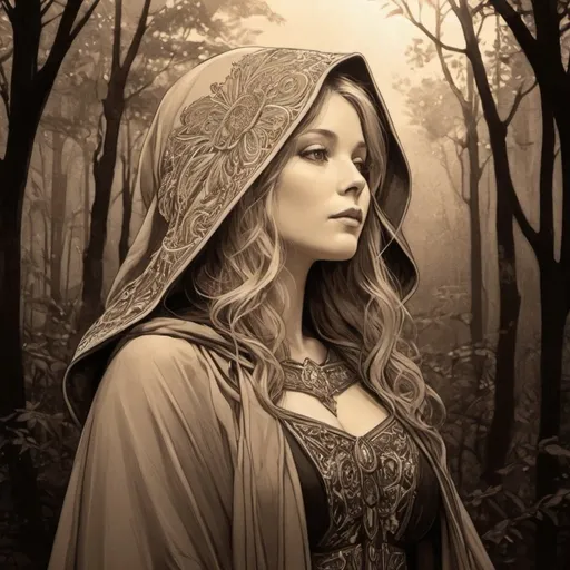 Prompt: sepia tone, lineart, light hair, female wearing embroidered dark hooded robes standing in front of dark forest , backlit, high contrast