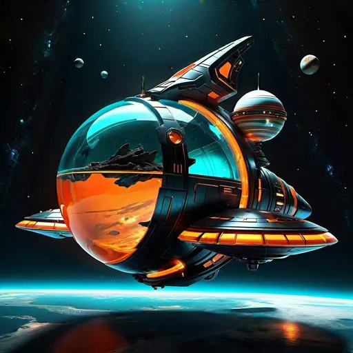 Prompt: photo realistic, realistic, futuristic, aqua and orange with dark colored glass spaceship, planet, dark lighting