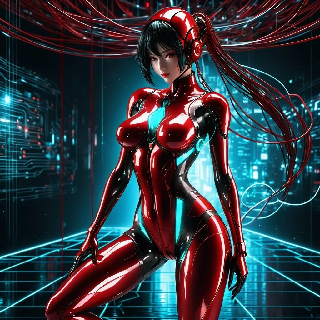 Prompt: dark background, red backlit, liquid metal anime AI worldmind, full body, female,  technological implants, advanced technology, grid, wires, circuits, wet, dripping, aqua shadows