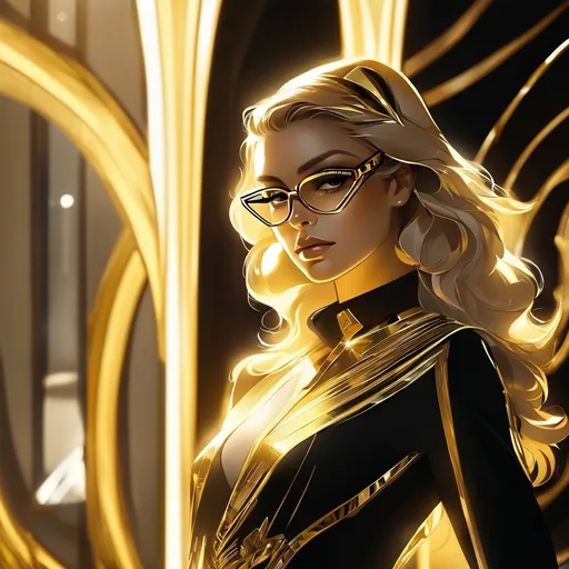 Prompt: portrait, close up, light hair, futuristic female wearing glasses standing in an art deco penthouse, black and gold, jeweled, high contrast, dramatic shadows, dramatic lighting