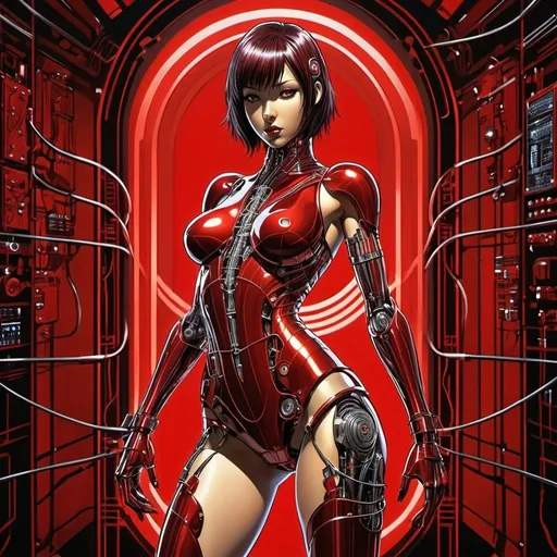 Prompt: art deco background, red backlit, liquid metal anime AI worldmind, full body, female,  technological implants, advanced technology, grid, wires, circuits, red shadows, dramatic pose in simon bisley style