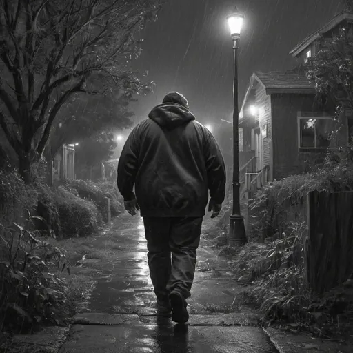 Prompt: black and white, impressionist style,  lonely overweight man wearing a hoodie and cargo pants walking away, rundown house with an overgrown front yard, street light, wet, raining, at night, dramatic dark lighting, cloudy night sky