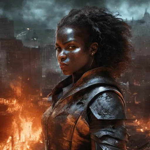 Prompt: photo realistic, very angry, black woman, glowing fiery eyes, wearing black metal spiked armor, hard lighting, photo realistic, destroyed city on fire in the background