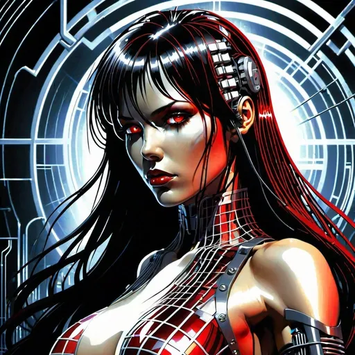 Prompt: art deco background, wet dark colored long hair, liquid metal anime AI worldmind, portrait, female,  technological implants, advanced technology, grid, wires, circuits, red shadows, high contrast, dramatic lighting, aggressive pose in simon bisley style