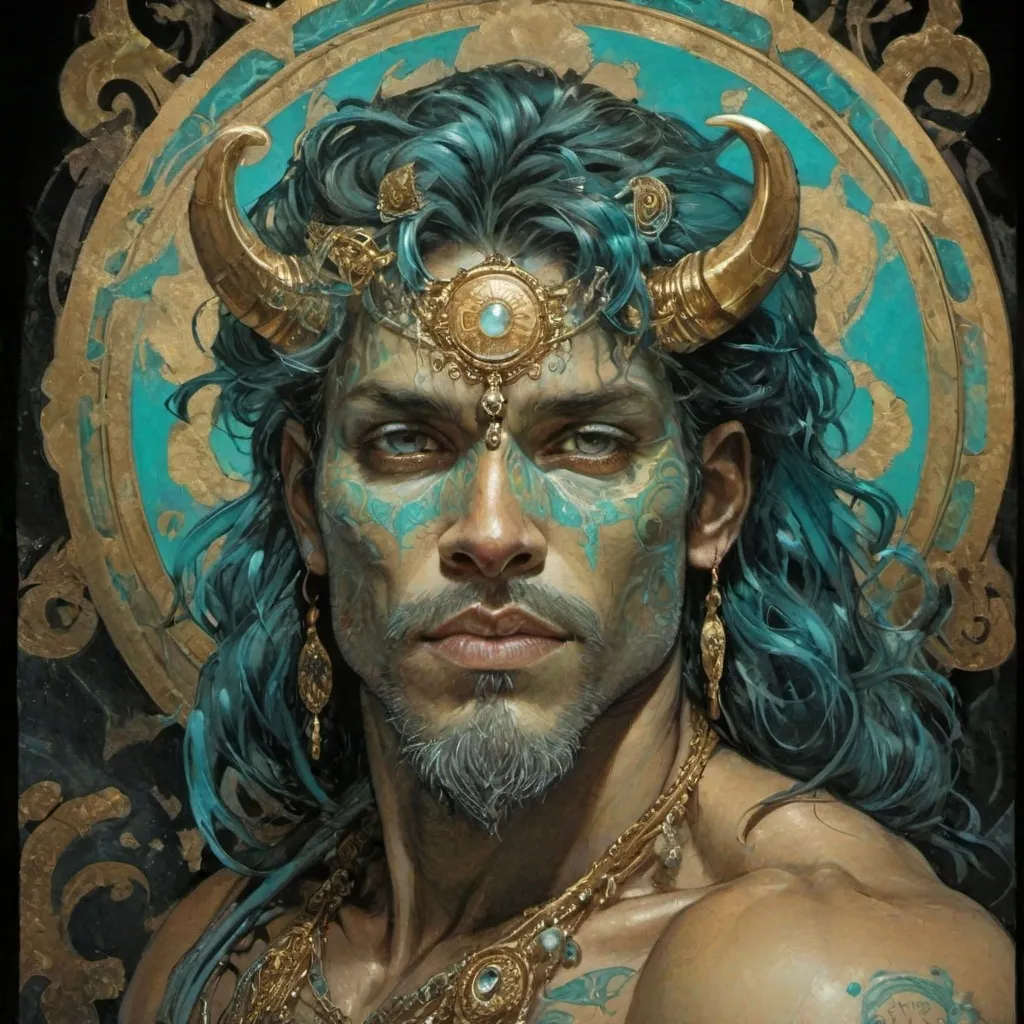 Prompt: Latino, Cyan and gold, Jeweled, male Demon, with freckles, in Simon Bisley style, dark lighting, at night