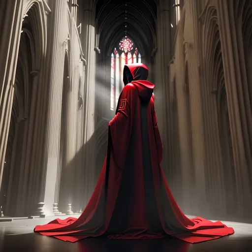 Prompt: golden backlit, figure wearing hooded red black and white robes standing inside of a dark cathedral