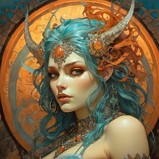 Prompt: Cyan and orange, Jeweled, Female Demon, in Simon Bisley style, dramatic lighting