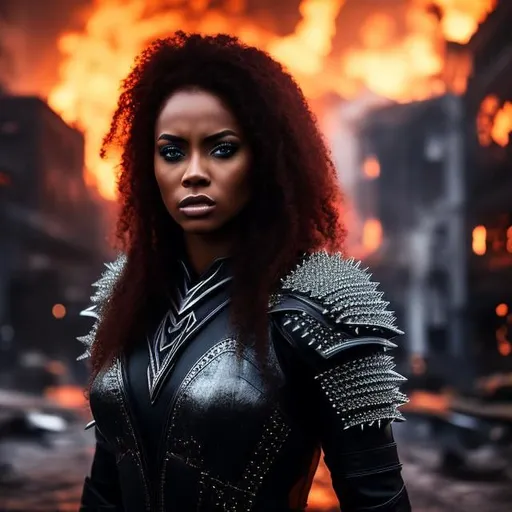 Prompt: photo realistic, very angry, black woman, redhead, blue eyes, wearing black metal spiked armor, hard lighting, photo realistic, destroyed city on fire in the background