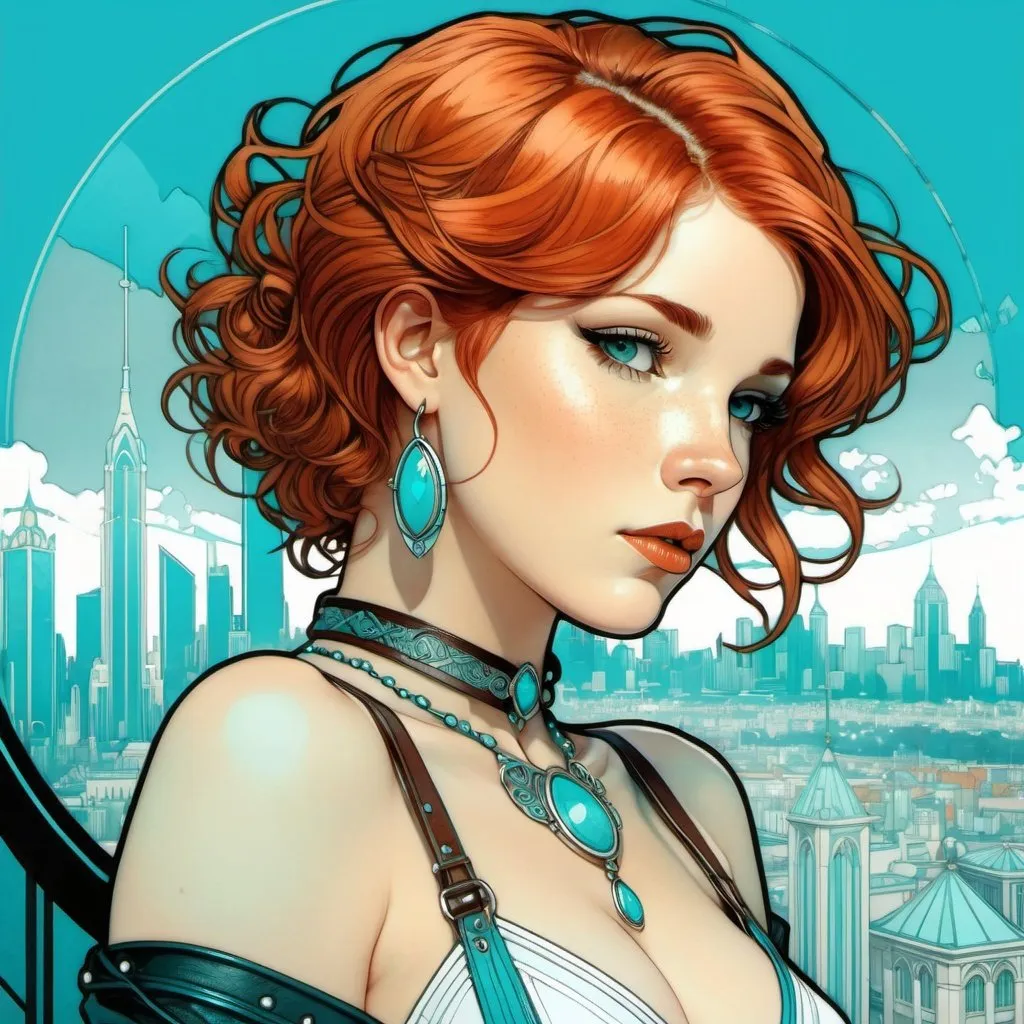 Prompt: line art, cyan and white, female with redhead, full figure, city skyline background, studded leather, choker, short hair, freckles, sad