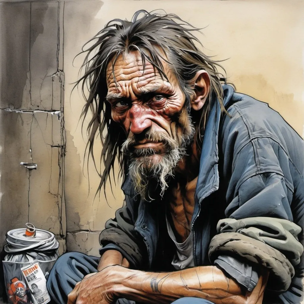 Prompt: Homeless person in simon bisley style