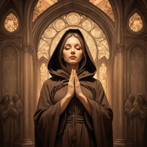 Prompt: sepia tone, lineart, female monk wearing hooded robes standing inside of a dark cathedral, high contrast